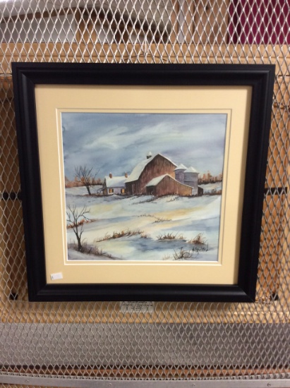 Framed, Signed Winter Barn Painting 13x13 in.