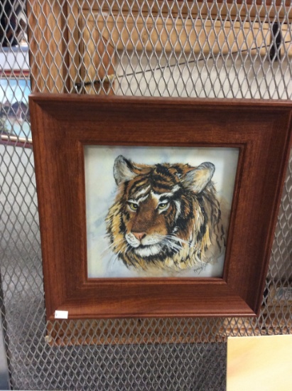 Framed, Signed Tiger Painting 8.5x8.5 in.