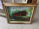 Framed Covered Bridge Painting, 15.5x19.5 in.