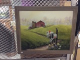 Framed Red Barn & Mailboxes Painting, Signed 15x19 in.
