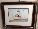 Framed Lighthouse Watercolor, signed 15.5 x 19.5 in.