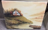 House & Row Boat Painting on Canvas, Signed 16 x 20 in.