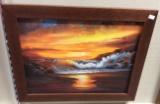 Framed Sunset with Waves Painting on Canvas, Signed 11.5 x 15.5 in.