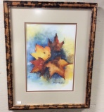 Framed Watercolor Leaves, Signed 17.5 x 13.5 in