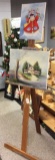 Easel & 2 Paintings: Barn Scene & Snowman, PICK UP ONLY