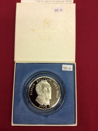 1972 Republic of Panama One 20 Balboas Proof Coin, 2000 grains of Sterling