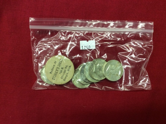 Assorted Coins and Tokens: 3 Wooden Nickels; 1 1960 Franklin Half Dollar; 6