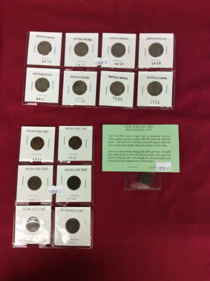 (7) Indian Head Cents & 8  Buffalo Nickels