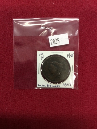 1835 Large Cent, F/VF Small 8 & Stars