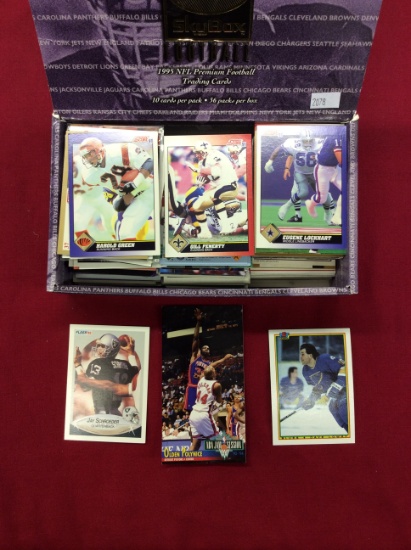 Box of Sports Collector Cards including Basketball, Football, & Hockey