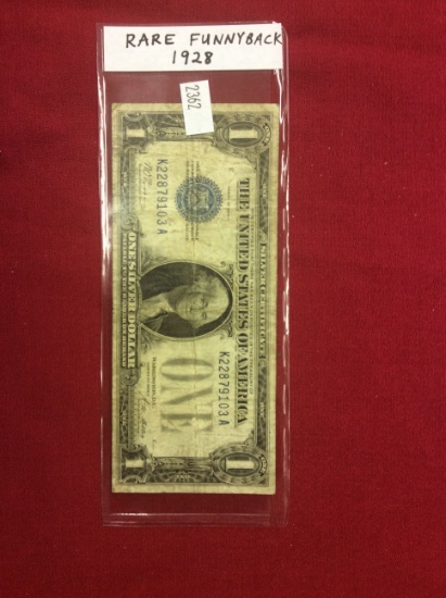 1928 $1 Bill, Blue Seal, Rare Funny Back