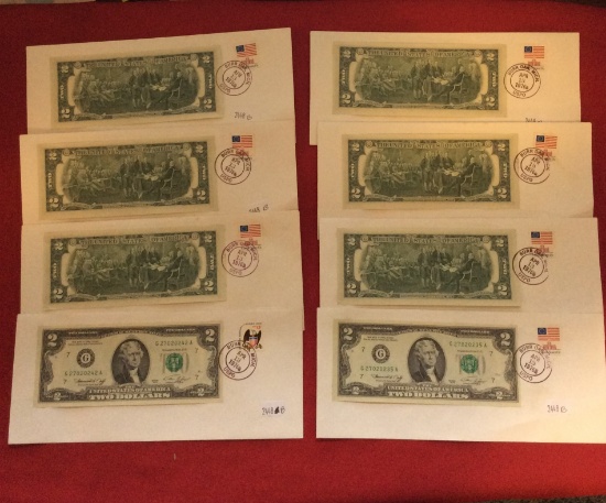 (8) $2 Bills Mounted on Envlopes