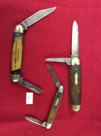 3 Pocket Knives 2 Blades (1 Majestic, 1-Tower, 1-Canton with Churubusco Lum