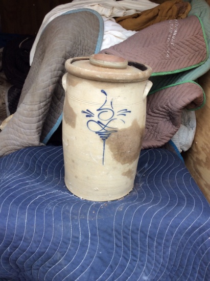 Salt Glazed Blue Bee Sting Crock With Lid