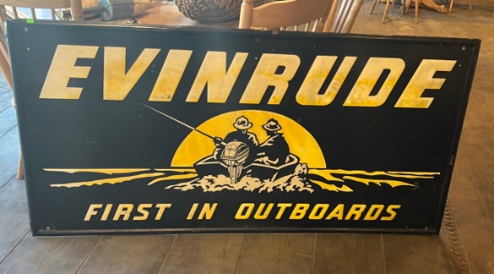 Evinrude “First in Outboards" metal sign - 35x71.5 - raised rolled edges, embossed lettering