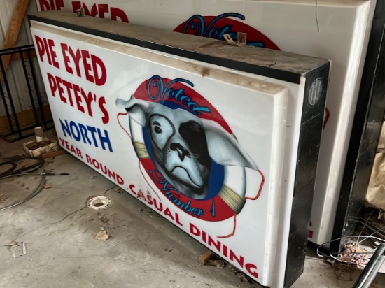 Single sided Pie Eyed Peteys lighted sign. 96” long x 50” high