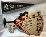 Metal Sailor Jerry Spiced Rum Sign 33.5”x20” and Wood framed Sing Sing Sign 27”