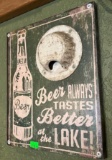 Beer Always Tastes Better at the Lake Wall Bottle Opener 11”x9” wood sign