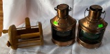 Copper Port and Starboard Lanterns 6”x9”, Wooden Replica of a Fishing Reel 7”x5.5”