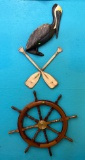 Brass Nautical Ship Wheel 42”, Wooden Oars 29.5”, Wooden Pelican 30”