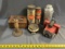 Tinker toy containers with wood American bricks, metal tobacco box, misc