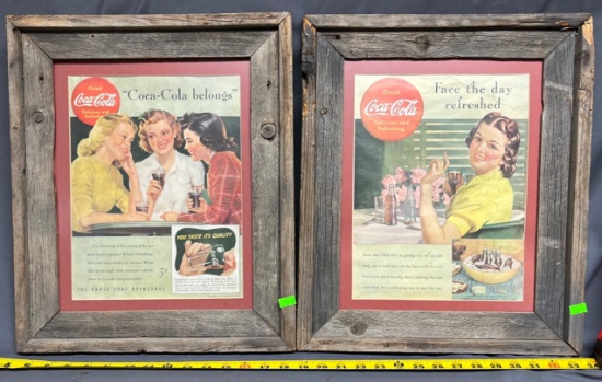 Two Drink Coca-Cola advertising  in barn wood frames 18x15" ea