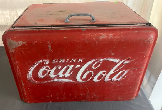 Vintage Drink Coca-Cola metal cooler 17.5x25x18", with bottle open