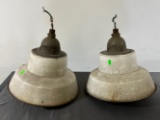 Two - Enamel Hanging Lights with Bulbs (some chipping)