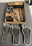 Assorted foot pedals, plane hood ornament, miscellaneous parts, empty rolle
