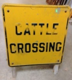 Embossed Metal Cattle Crossing Sign with Wood folding legs 24x24