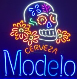 Modelo Cerveza Neon Sign with Sugar Skull Design