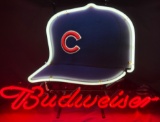 Budweiser Neon Sign With Chicago Cubs Cap Design, 29.5”x19”
