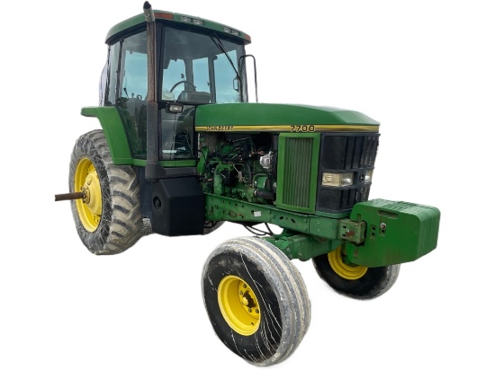 John Deere 7700 Tractor, 6828 hrs., Diesel, 3 pt., 18.4-38 Rear Tires, Front Weights, Serial #: RW77