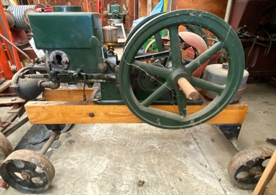 Hit and Miss Engine Mounted on Wheeled Wooden Cart
