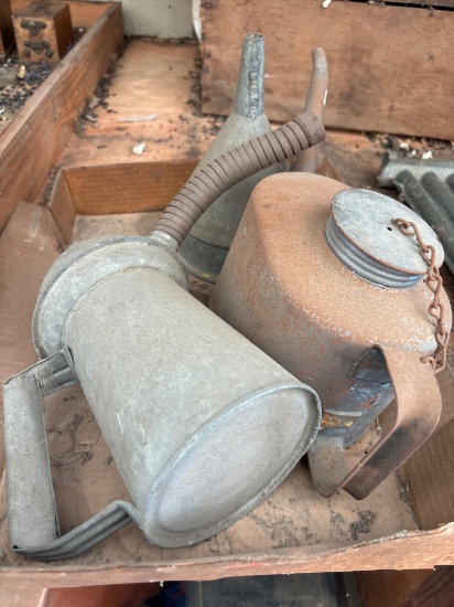 Three Metal Oil Cans with Handles and Spouts