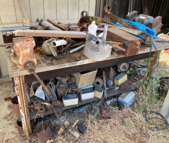 Metal Workbench With Vice and Assorted Tools and Components