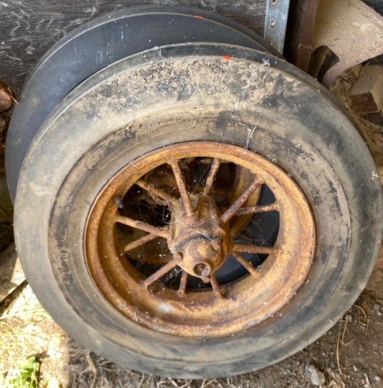 Two Steel-Spoke Wheels with Tires Marked ‘Front Tractor’