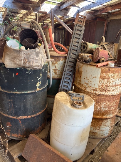 Metal Drums, Plastic Container, Pump Components, and Ladder Assortment