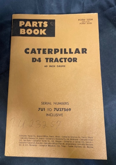 Parts Book for Caterpillar D4 Tractor, 60-Inch Gauge, Serial Numbers 7U1 to 7U27569