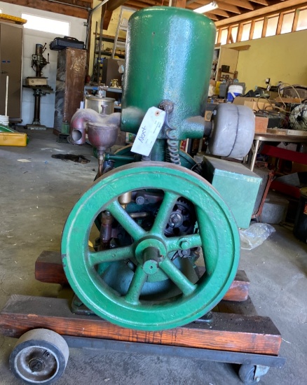 Green Hit and Miss Engine with Flywheels and Mounted Base