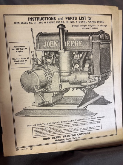 John Deere Instructions and Parts Manual for No. 111 and No. 113 Type W Engines