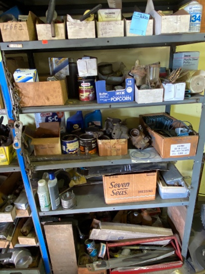 Metal Storage Shelving with Assorted Automotive and Workshop Items