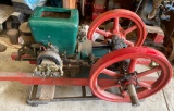 Hit and Miss Gas Engine with Red Flywheels and Green Hopper