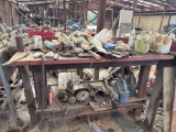 Metal Workbench with Assorted Tools, Hardware, and Containers