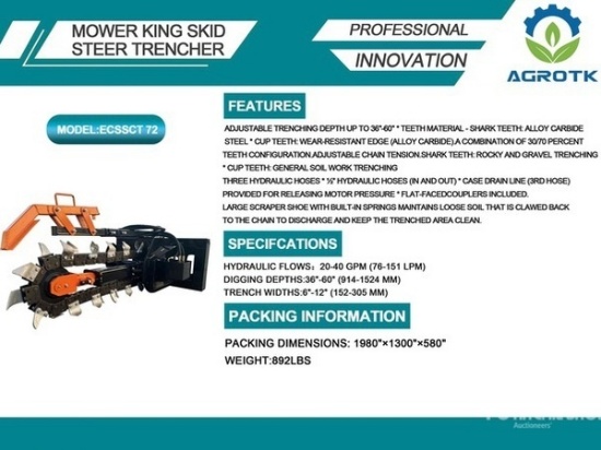 Mower King Skid Steer Trencher, Model ECSSCT72