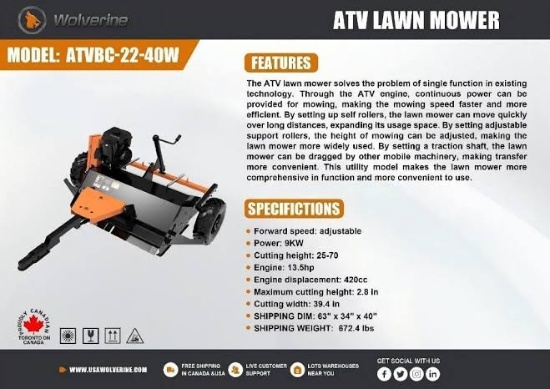 Wolverine ATV Lawn Mower, 40"