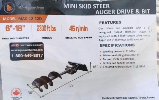 Mini Skid Steer Auger Drive and Bit, 6-18"
