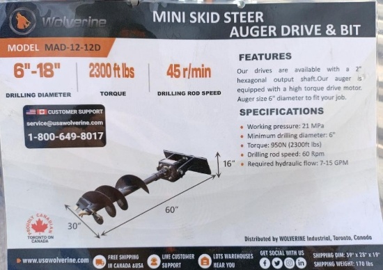Mini Skid Steer Auger Drive and Bit, 6-18"