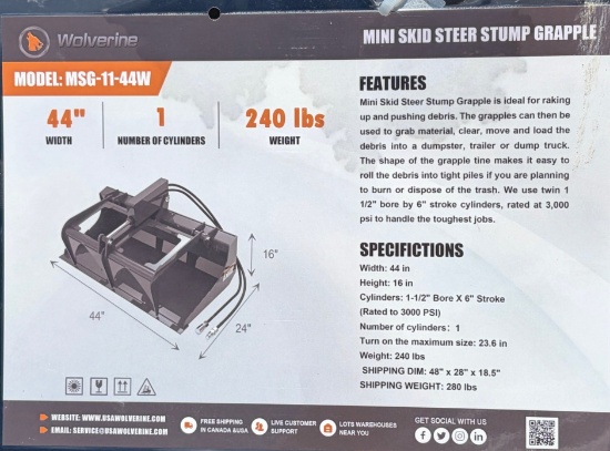 Wolverine Mini Skid Steer Stump Grapple Bucket, 44"