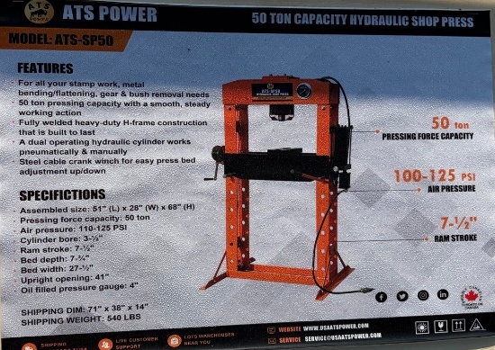 50 Ton Capacity Hydraulic Shop Press